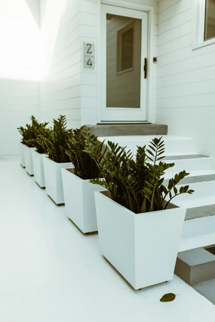 White fiberglass planters with dark green foliage lining bright modern staircase