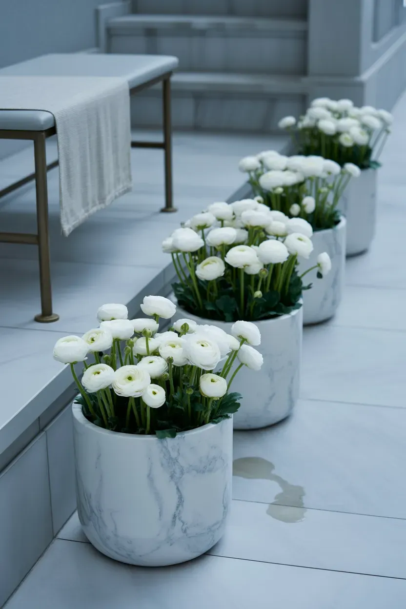 Standard white hydrangea trees in stone urns flanking lush romantic luxury staircase