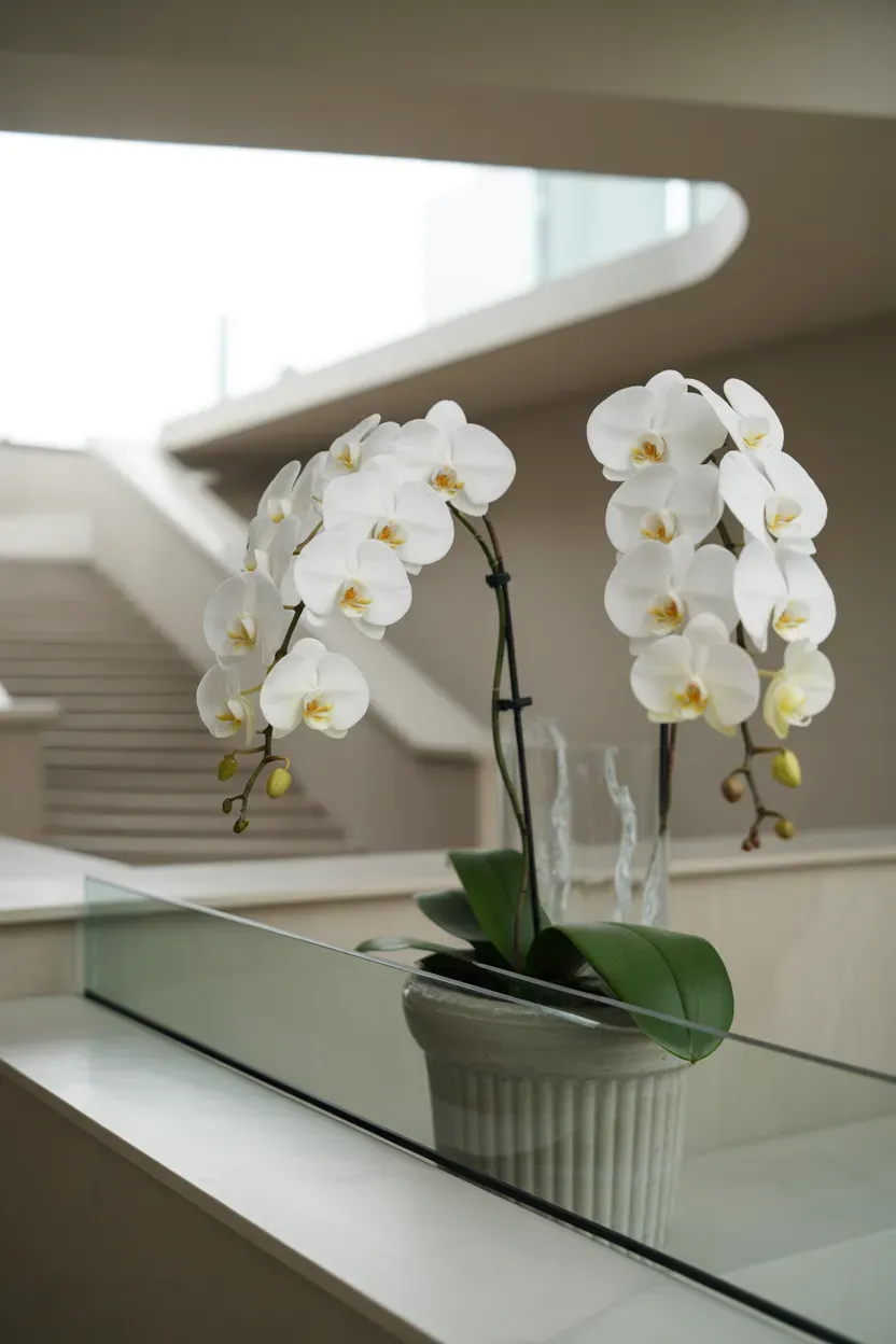 White orchids in matching ceramic urns displayed with gallery-level refinement on luxury staircase