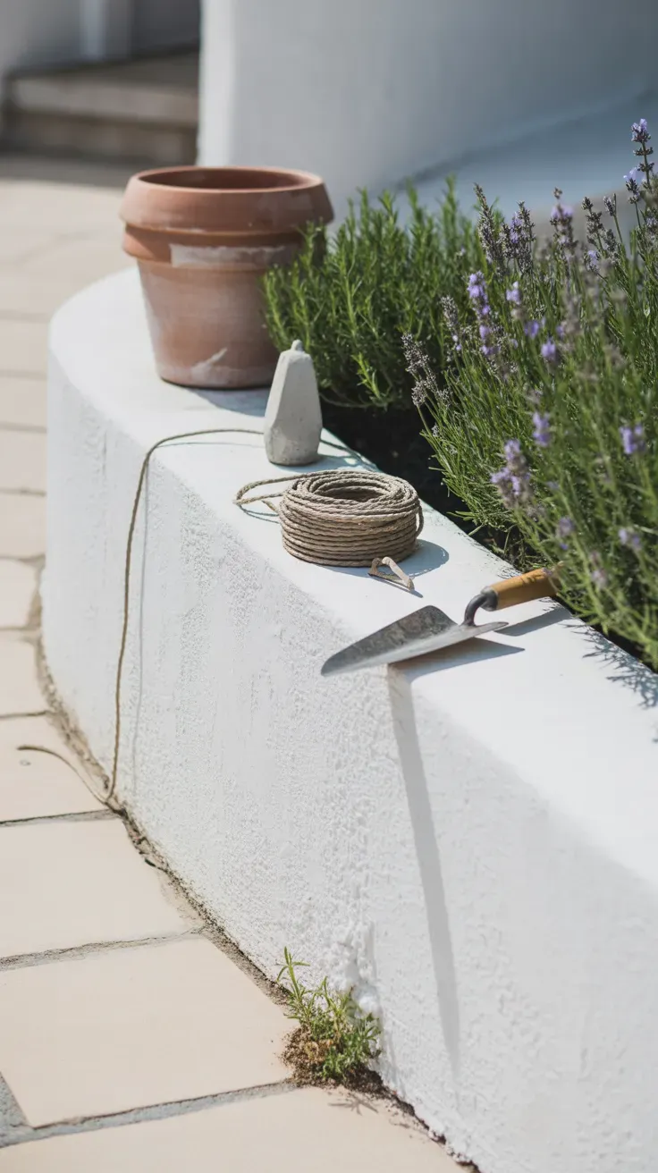 Low whitewashed stucco wall bordering a Mediterranean-style front yard planting bed