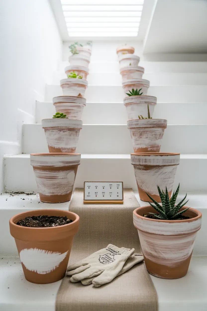Whitewashed terracotta pots with succulents arranged on staircase risers