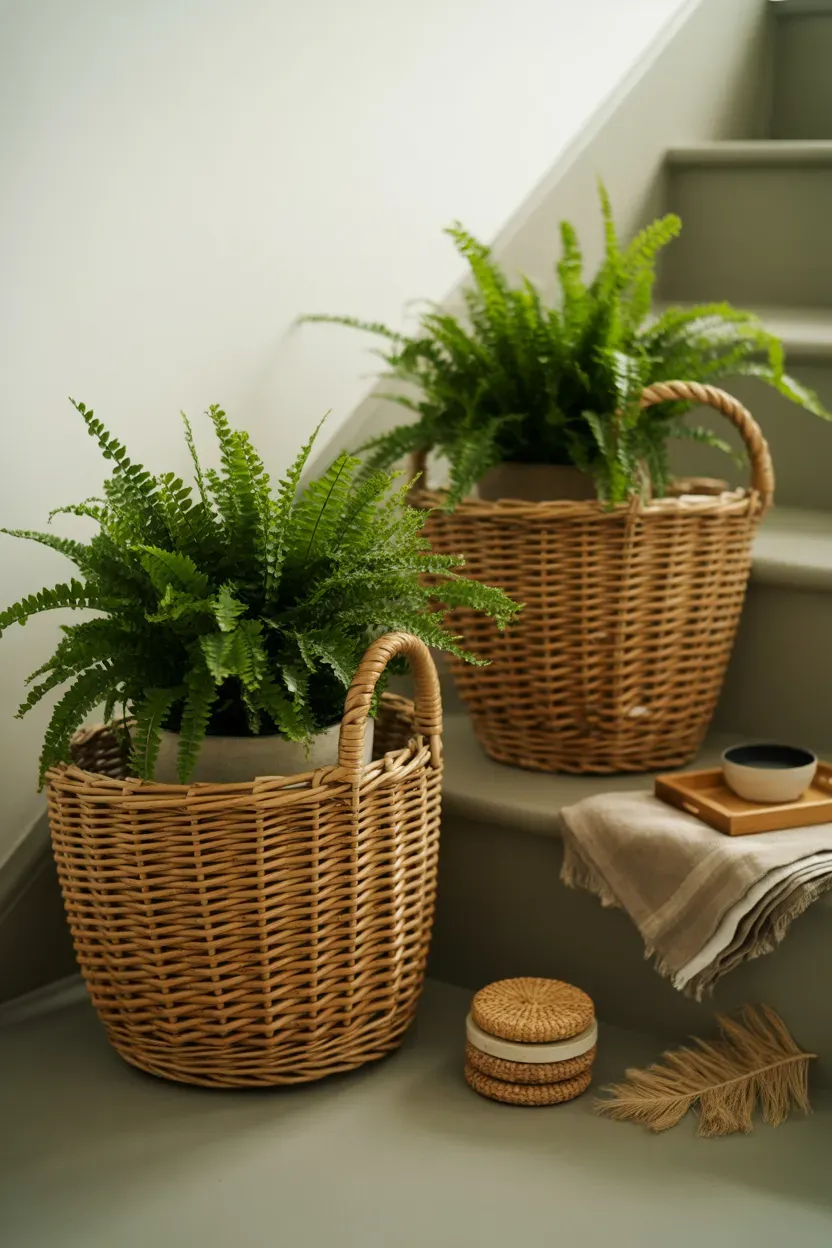 Wicker basket liners holding potted ferns on a farmhouse staircase landing