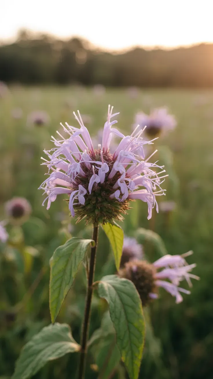 Lavender wild bergamot flower head with spiky petals in a summer meadow