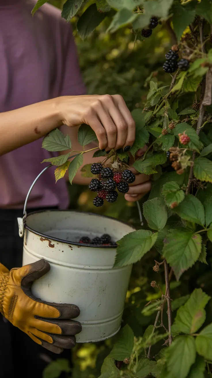 Ripe wild blackberries being hand-picked from a thorny bramble bush