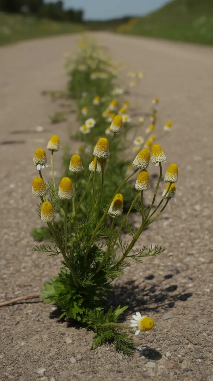 Small cone-shaped wild chamomile flowers with feathery leaves in a dry path