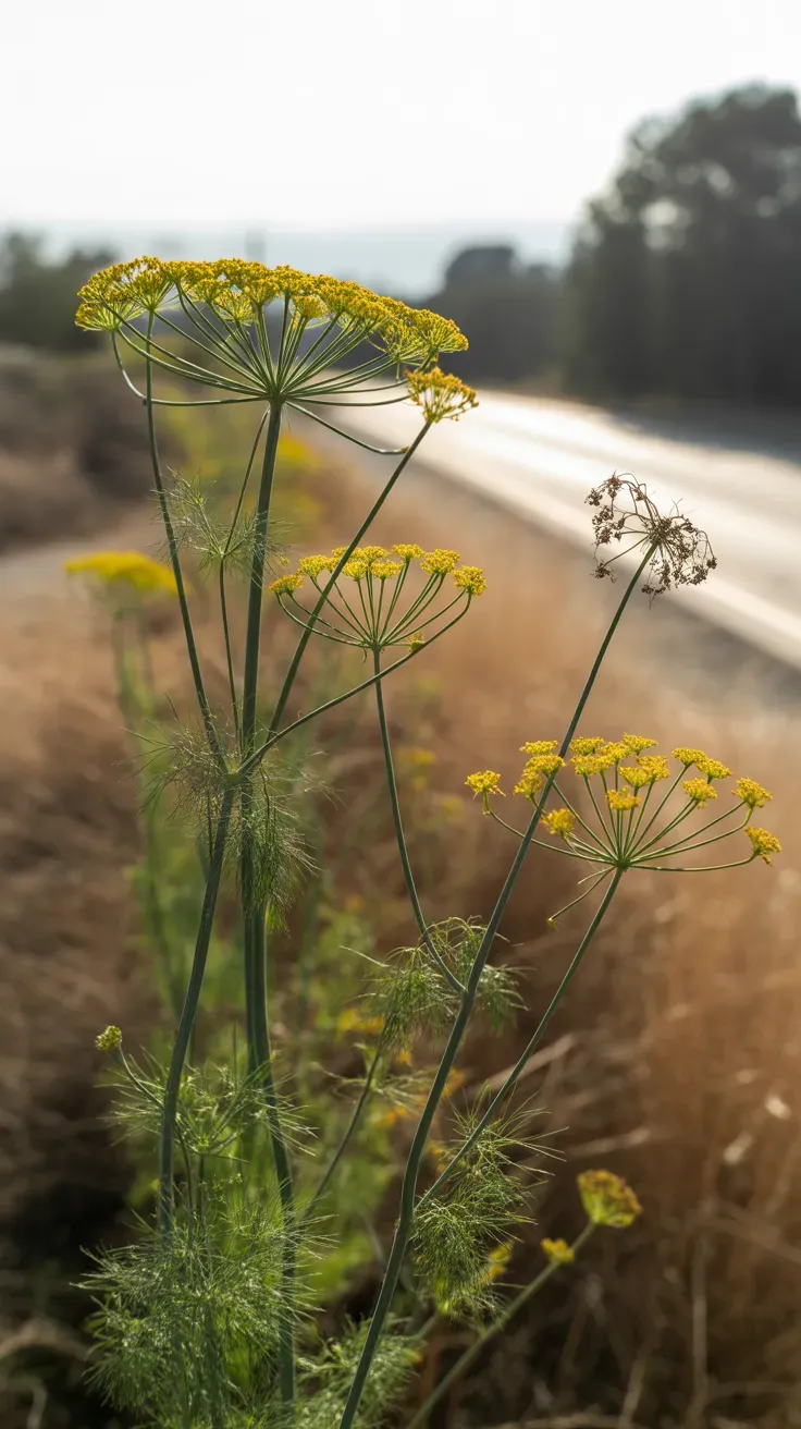 Feathery wild fennel fronds and yellow flower umbels along a dry roadside