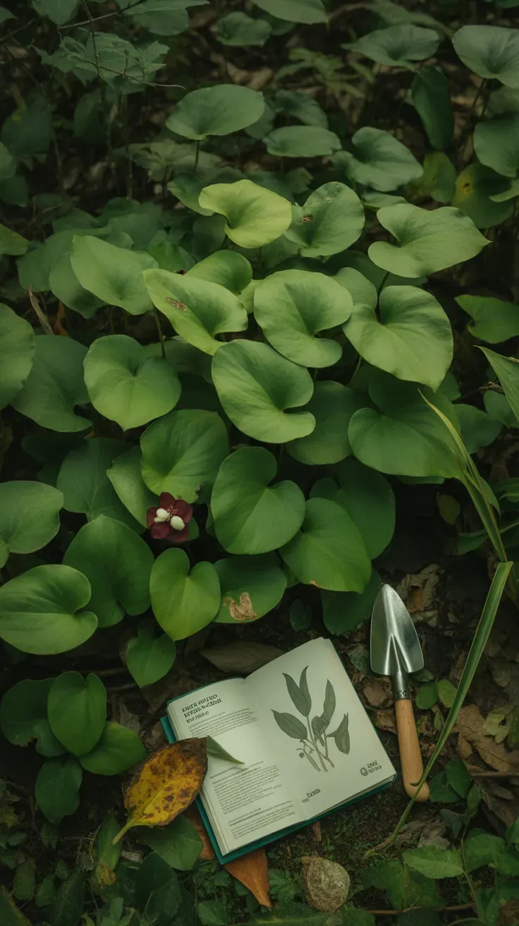 Wild ginger with heart-shaped leaves growing in shaded native woodland understory