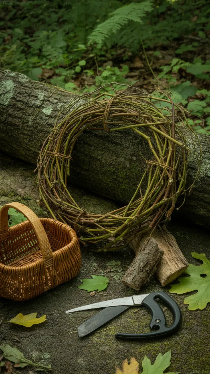 Loops of wild grapevine forming a rustic wreath base in a forest clearing