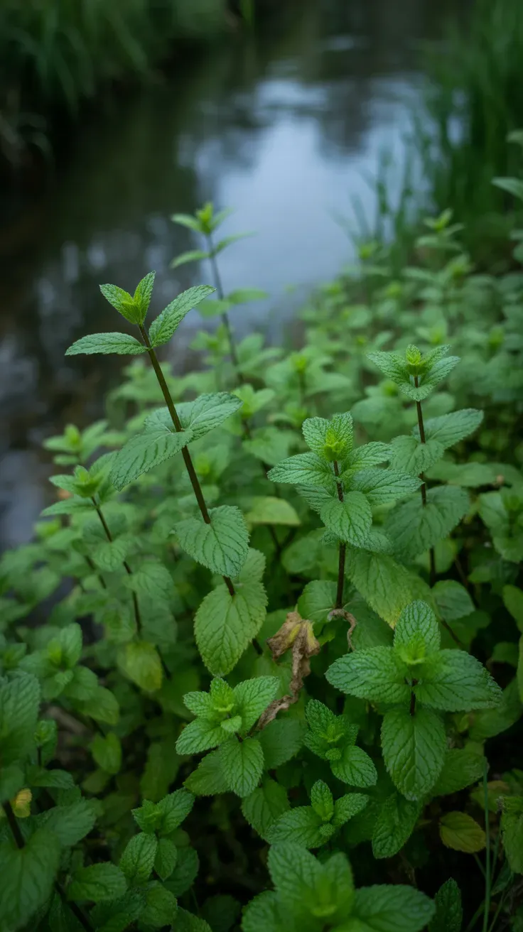 Wild mint patch with square stems and serrated leaves beside a stream bank