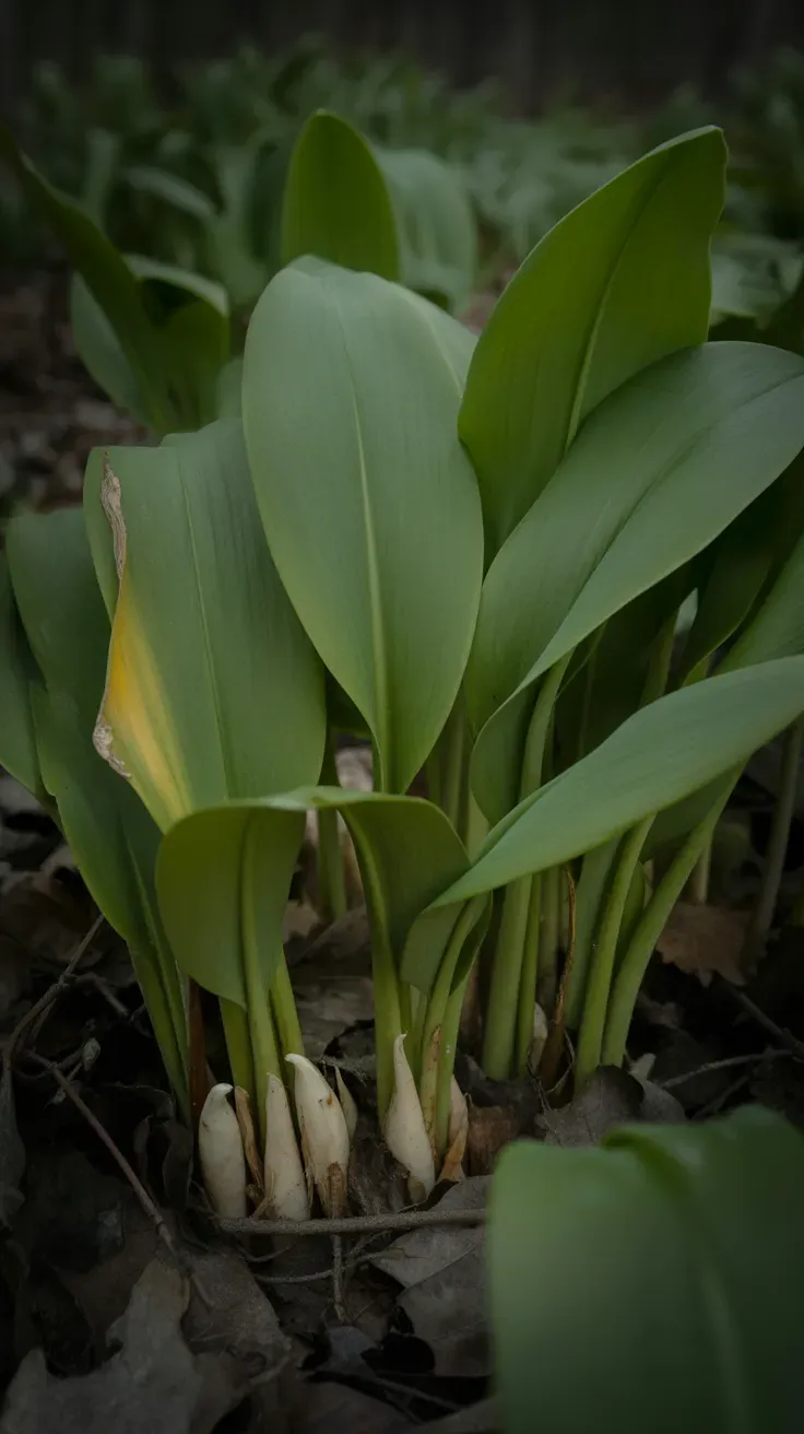 Cluster of ramps with broad green leaves and white bulbs on forest floor