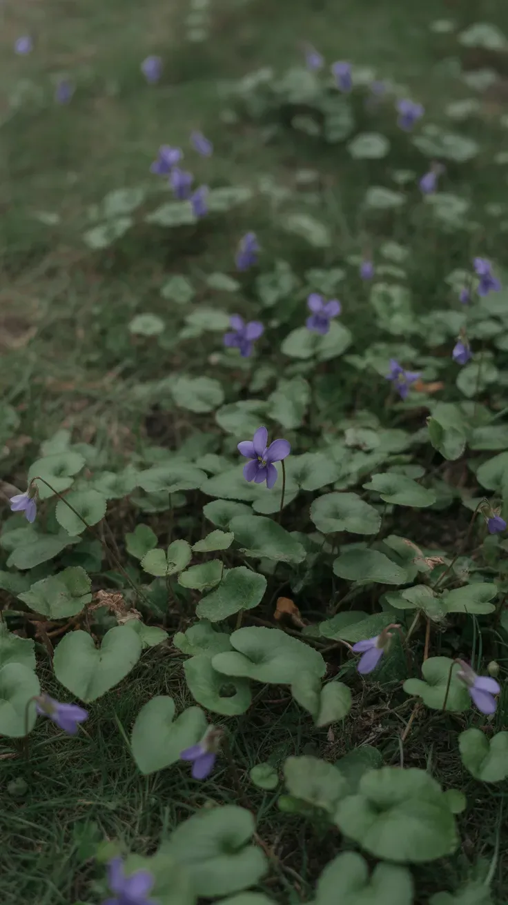 Purple wild violet flowers and heart-shaped leaves scattered across a shaded lawn