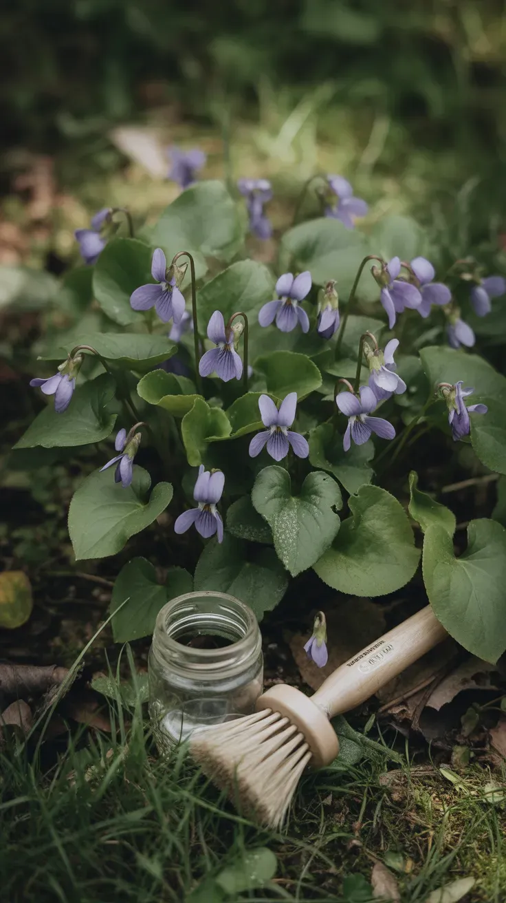 Purple wild violet flowers and heart-shaped leaves growing in dappled shade