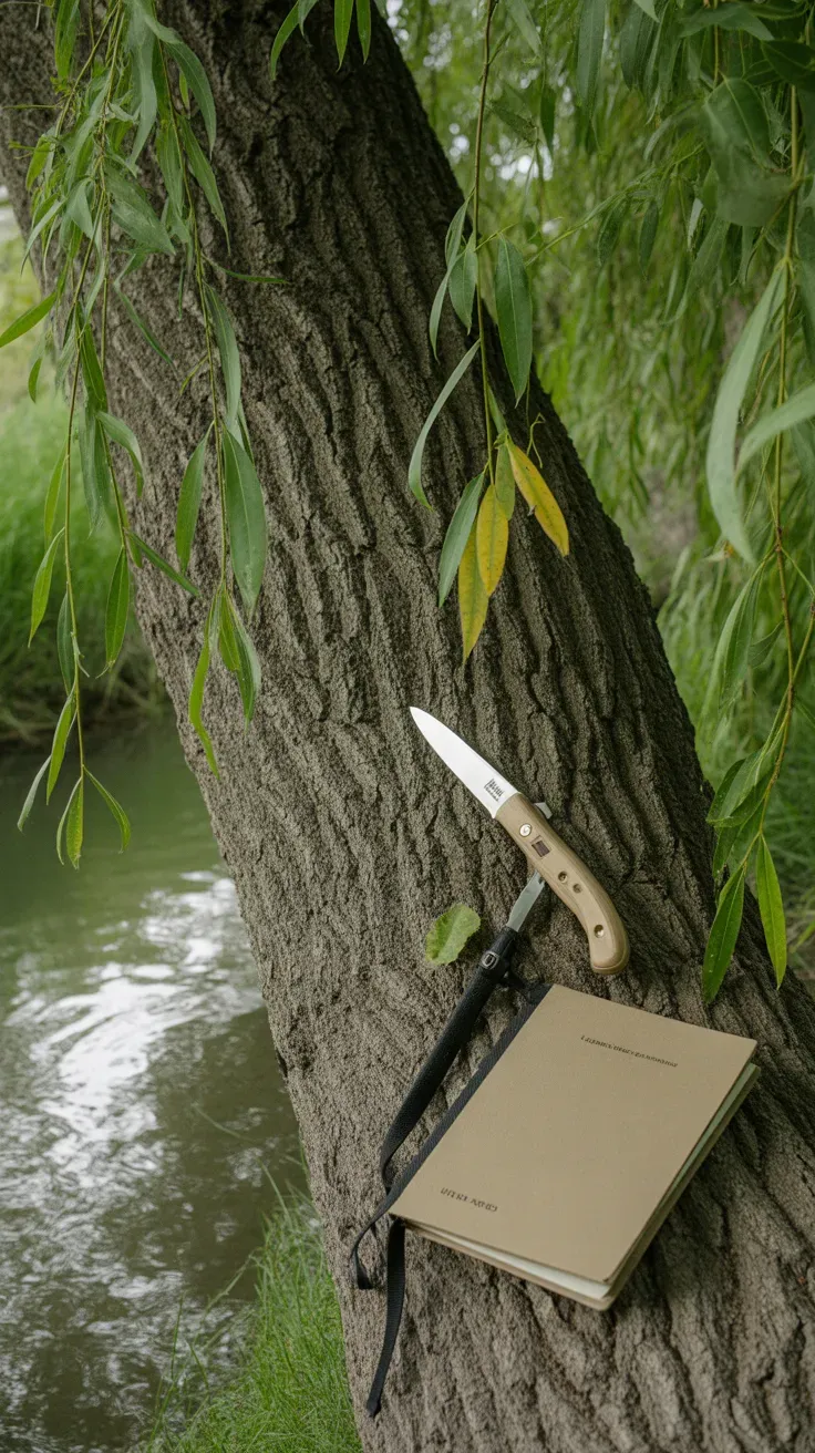 Willow tree bark and leaves growing beside natural stream in traditional herbal setting