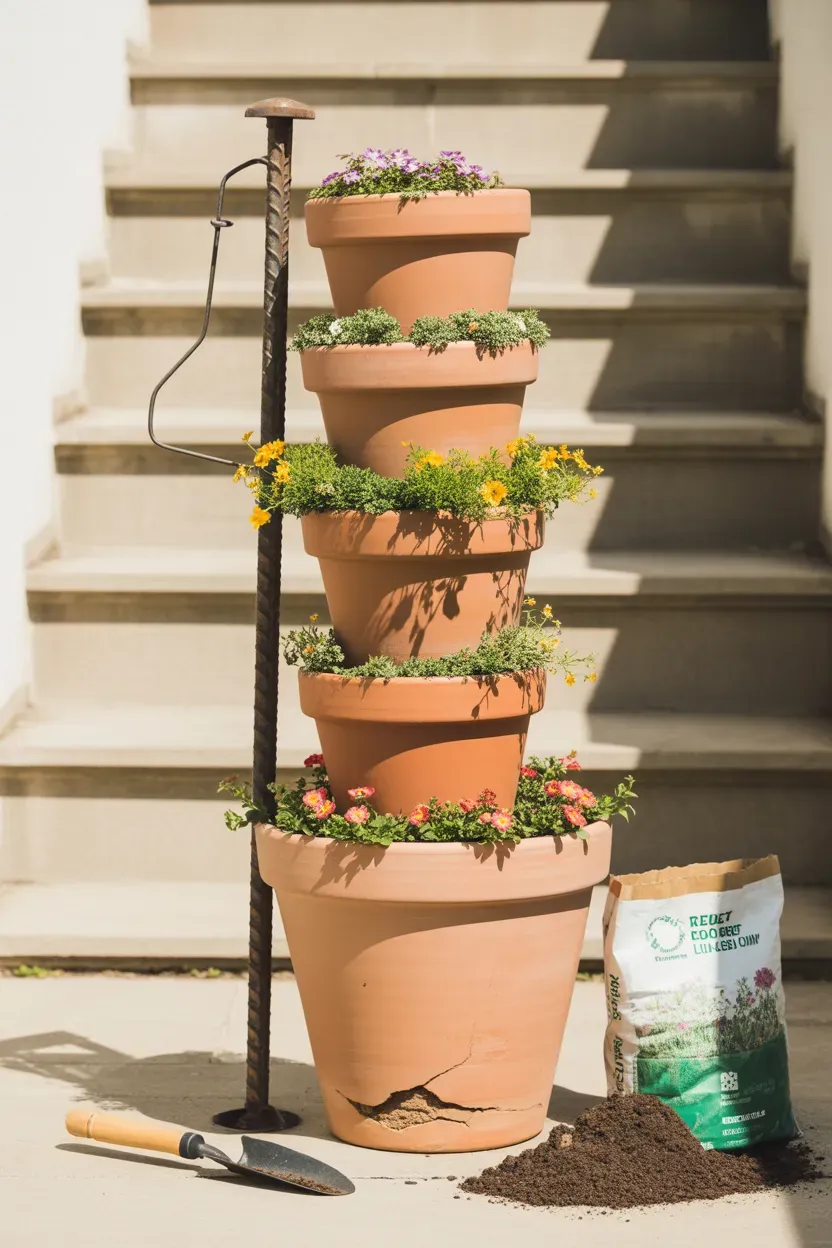 Half wine barrel planters filled with flowers flanking established garden staircase entrance