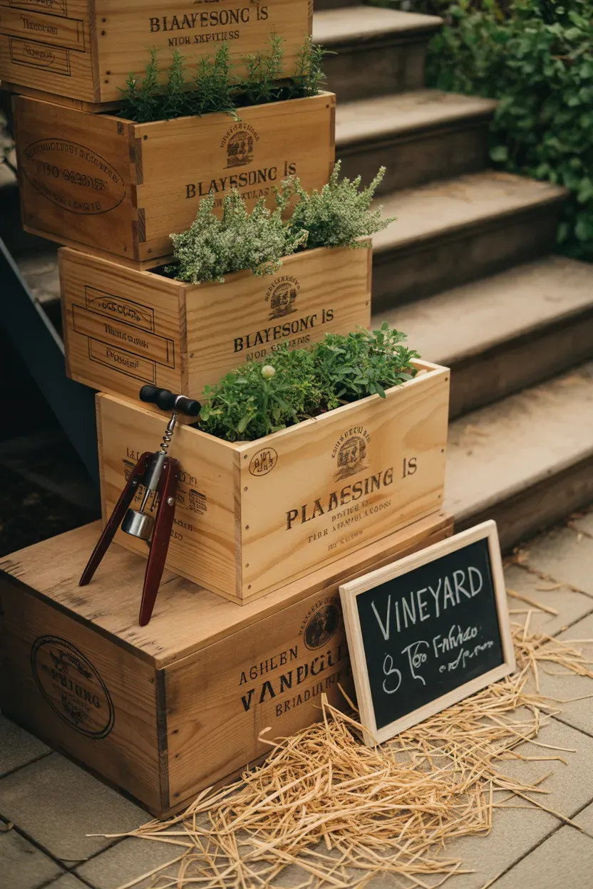 Wooden wine crates stacked in tiers with flowers creating rustic staircase display