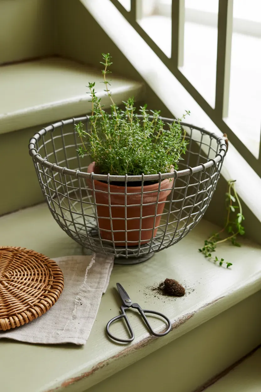 Vintage wire egg basket holding a trailing thyme plant on a staircase step