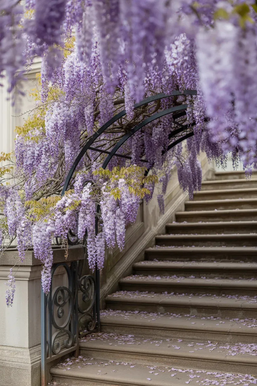 Wisteria vine draped over archway creating breathtaking seasonal drama at luxury staircase