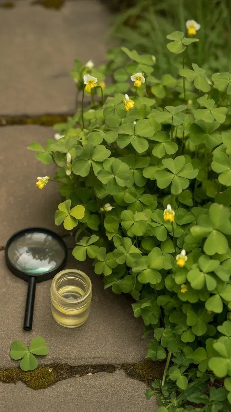 Small wood sorrel plants with clover-like leaves and tiny yellow flowers on a garden path