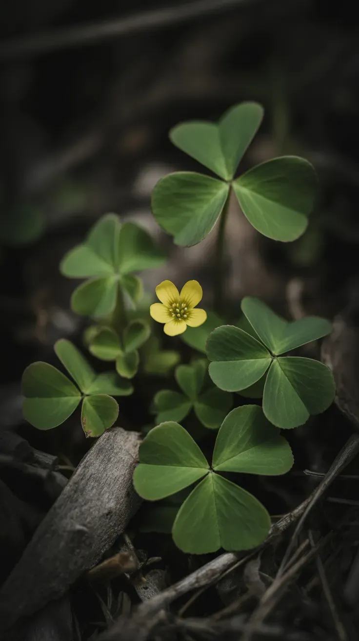 Clover-like wood sorrel leaves with small yellow flower in garden mulch