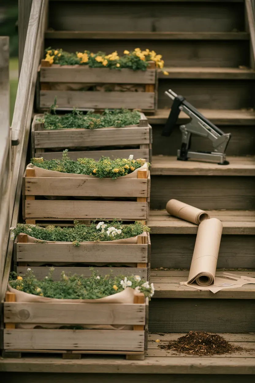DIY wooden crate planter boxes filled with flowers on rustic garden staircase