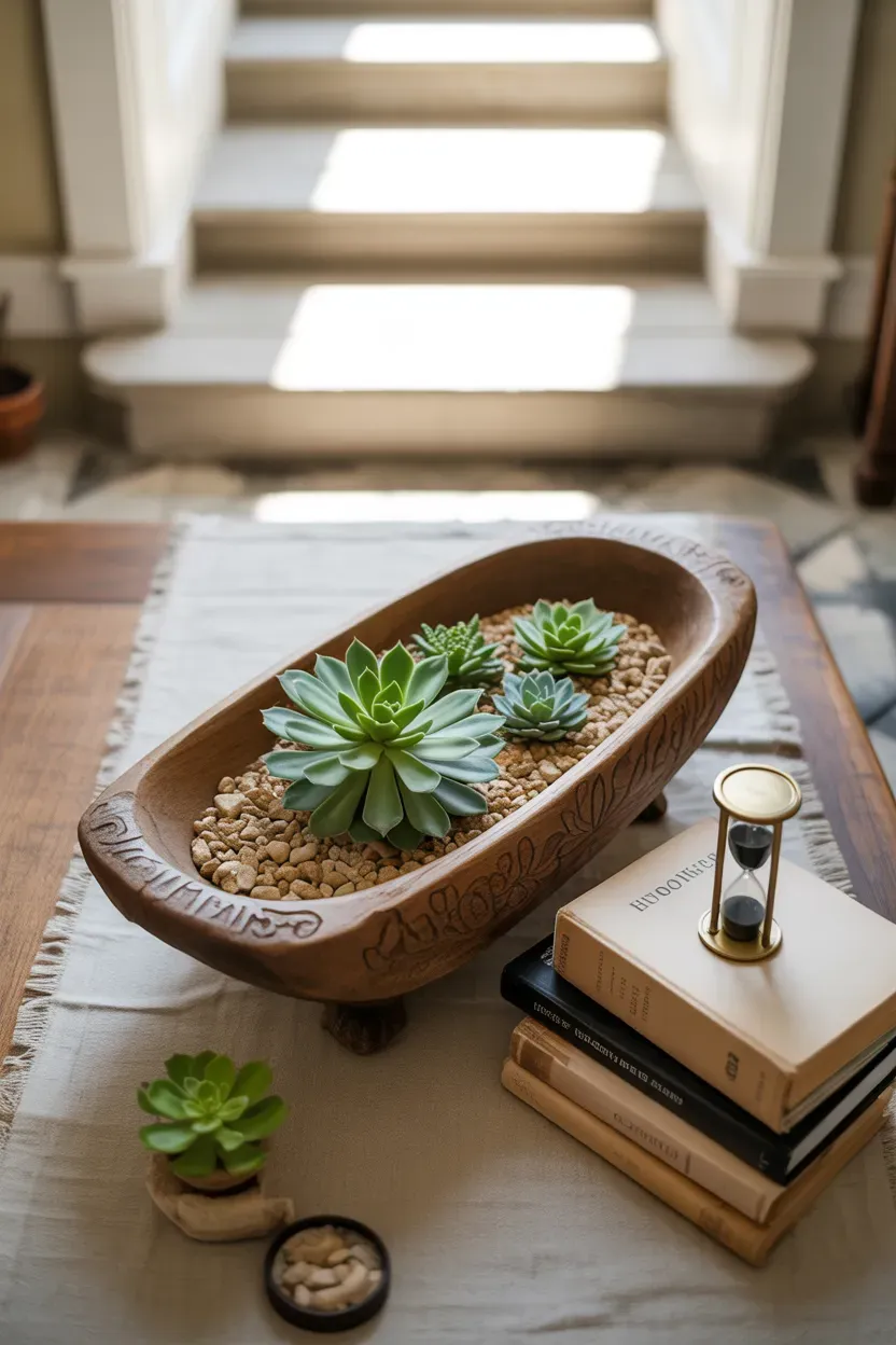 Antique wooden dough bowl planted with small succulents on a farmhouse staircase landing