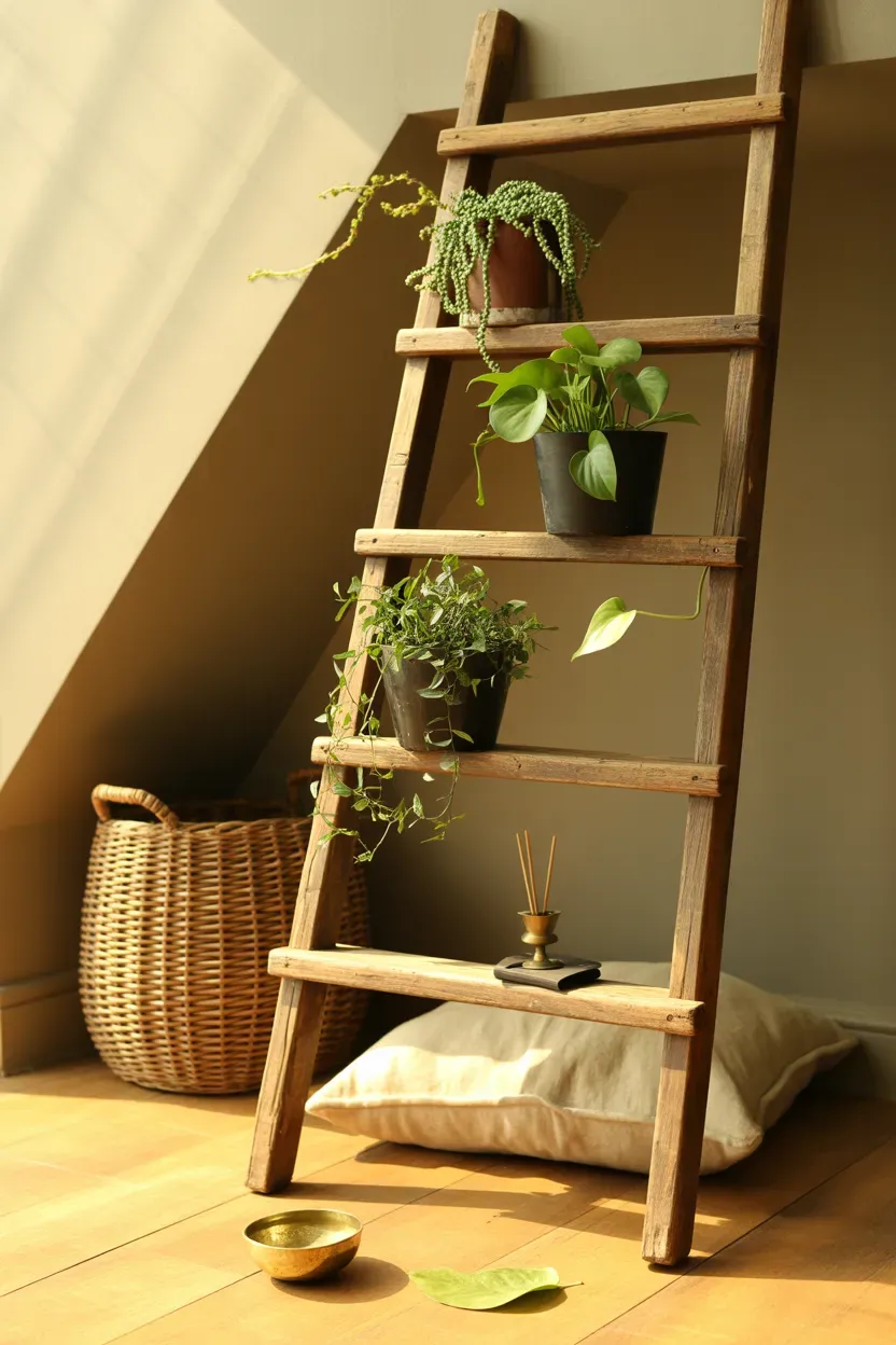 Reclaimed wooden ladder styled with trailing plants on a staircase landing