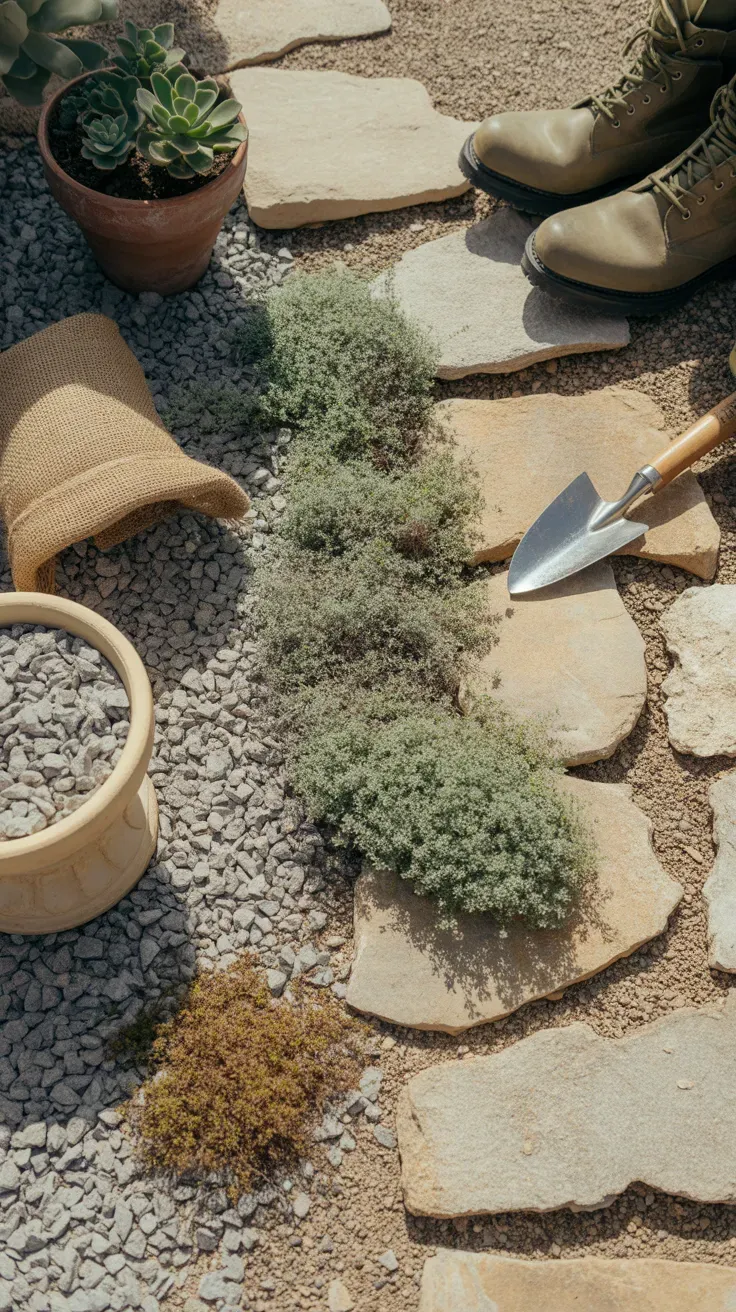 Silvery grey woolly thyme spreading across a dry rocky gravel garden path