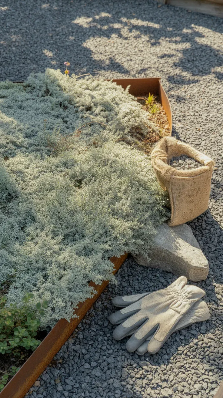 Woolly thyme forming fuzzy silver-gray mat along sunny garden path edge