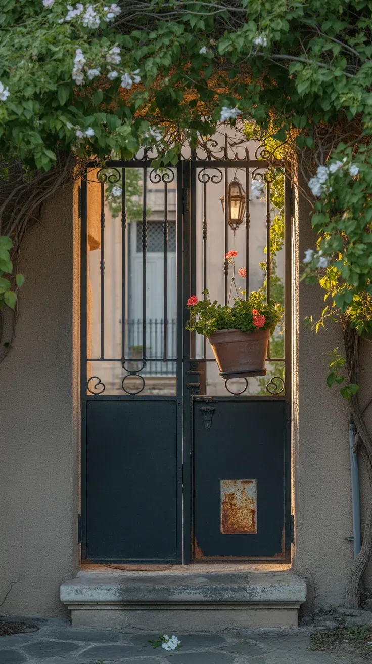 Black wrought iron garden gate framed by climbing vines at a Mediterranean-style front entrance