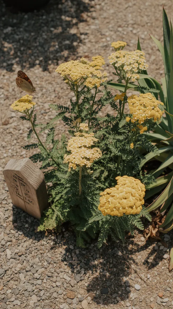 Flat-topped yellow yarrow flower clusters blooming in a sunny drought-tolerant garden bed