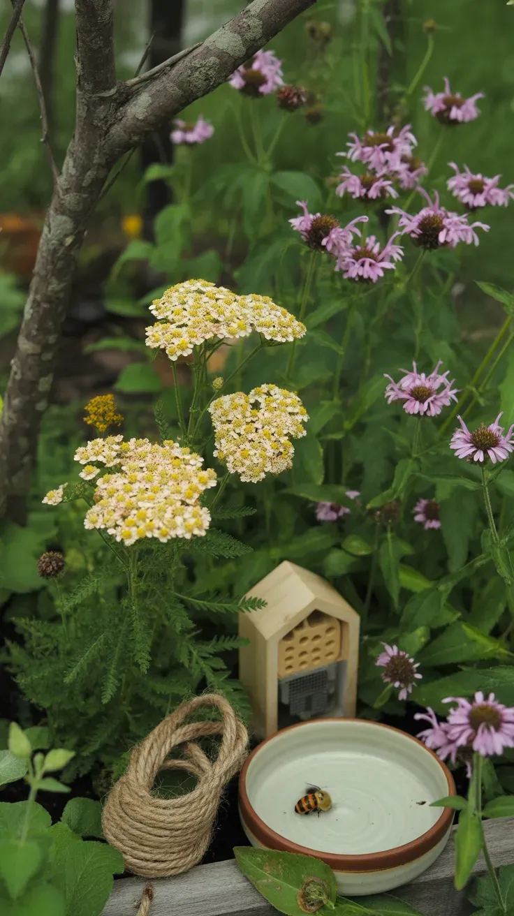 Yellow yarrow flowers blooming near pink bee balm in a pollinator garden bed