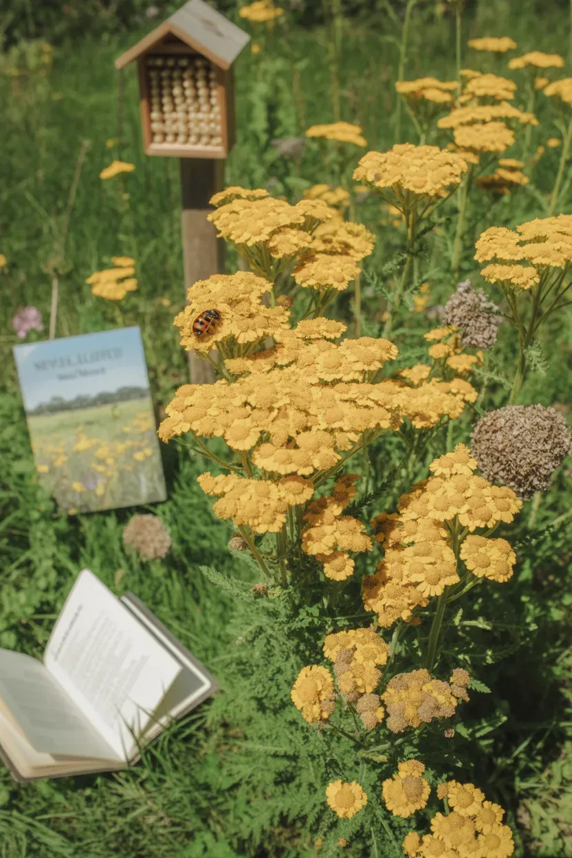 Yarrow with flat-topped yellow blooms growing in sunny pollinator meadow garden bed