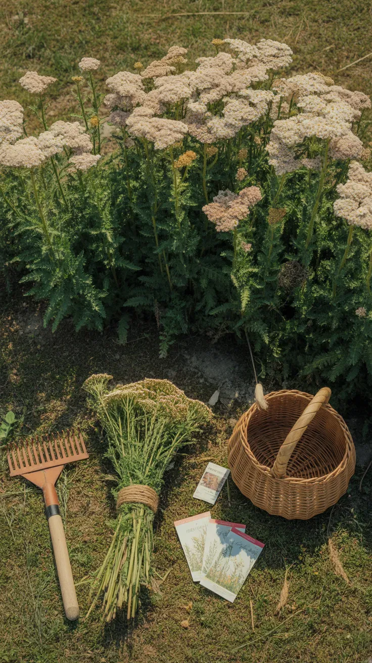 Flat-topped yarrow flower clusters growing in a lean, dry meadow-style garden bed