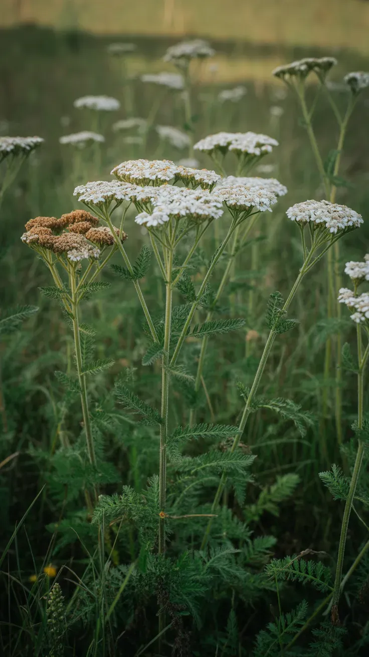 Feathery yarrow leaves and flat white flower clusters in a sunny meadow