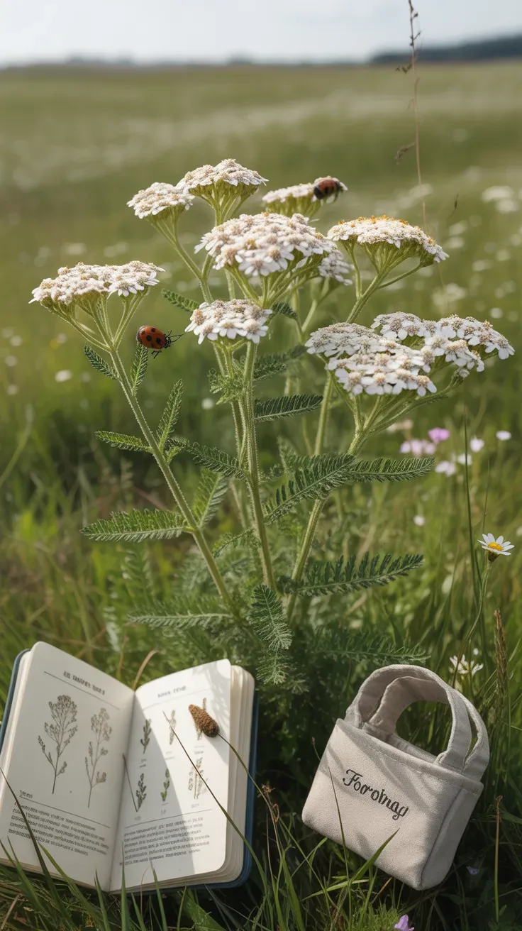 Wild yarrow with white flat-topped blooms and feathery leaves growing in meadow