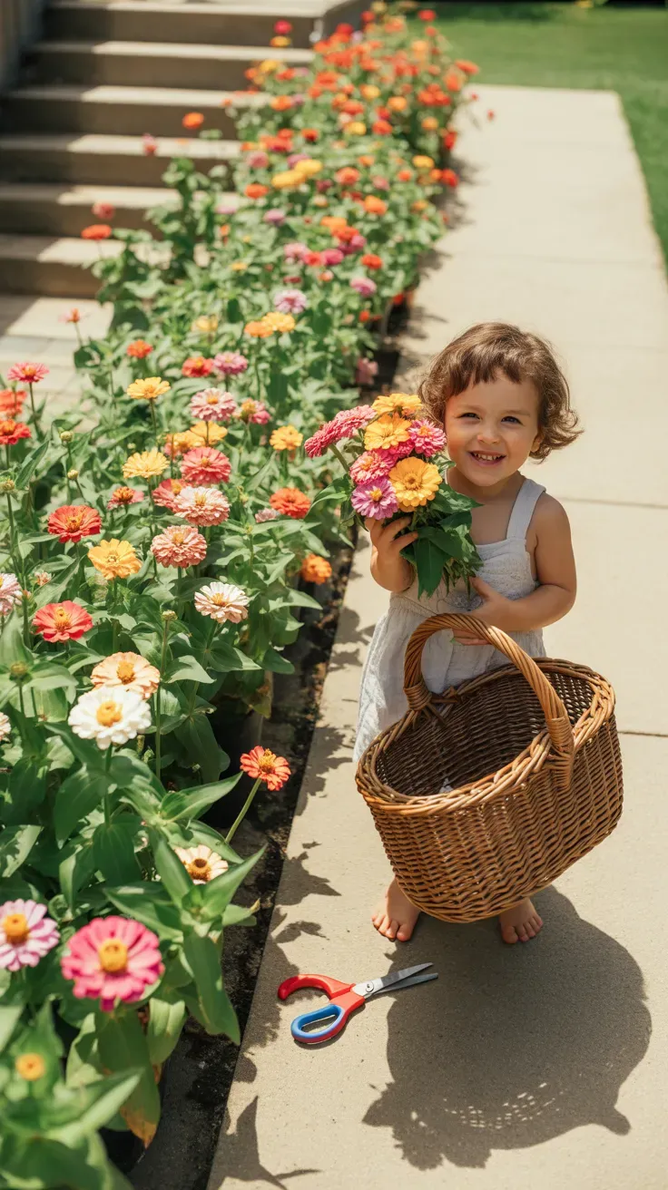 Zinnia flowers in vivid colors forming sturdy kid-pickable cutting garden along staircase