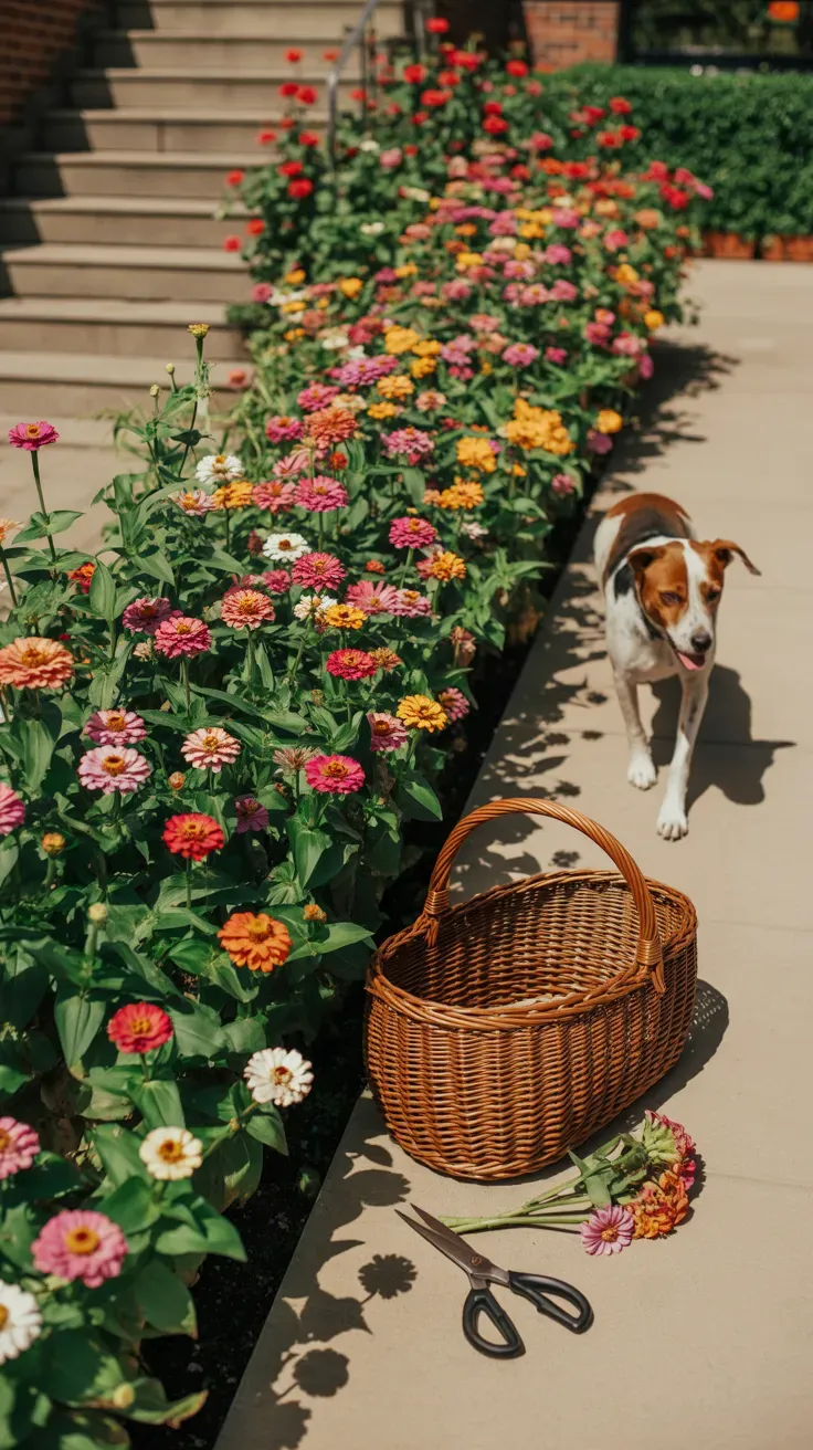 Zinnia flowers in vivid colors forming sturdy dog-safe cutting garden along staircase
