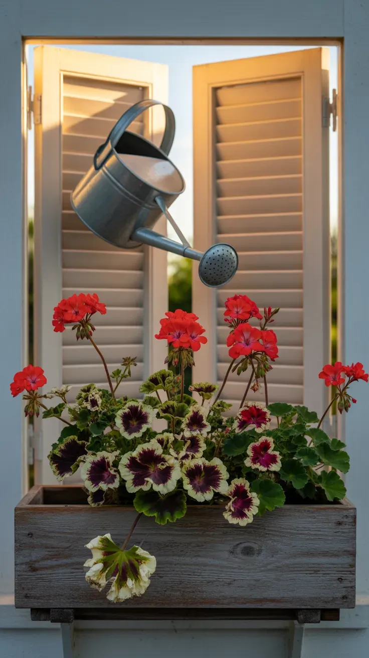 Red zonal geranium blooms in a window box with distinctive banded leaves