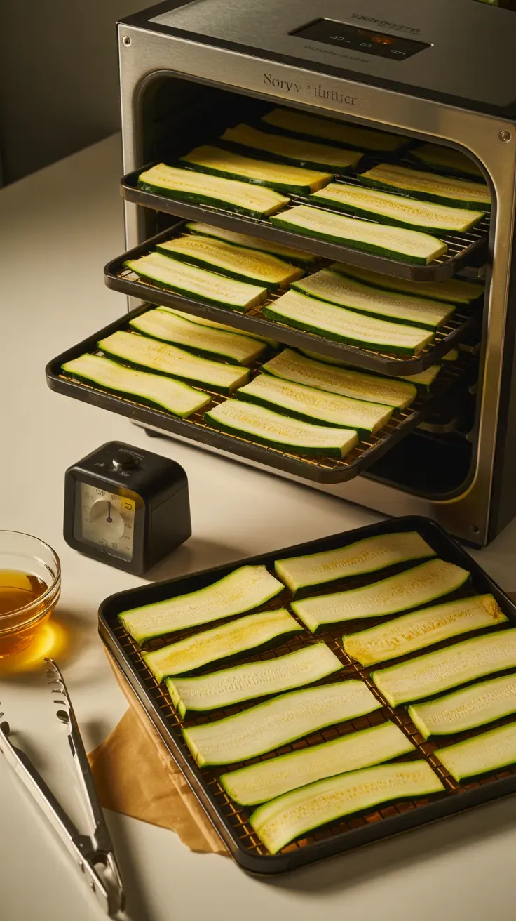 Pineapple-soaked zucchini strips arranged on dehydrator trays before drying