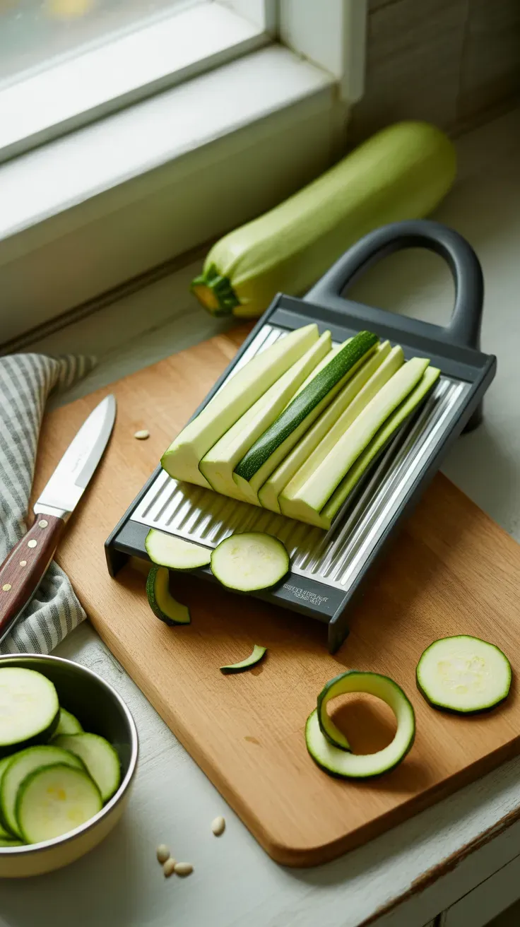 Fresh zucchini being sliced into thin strips on a mandoline for dehydrating