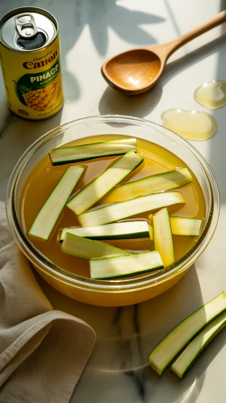 Sliced zucchini strips soaking in a glass bowl of pineapple juice