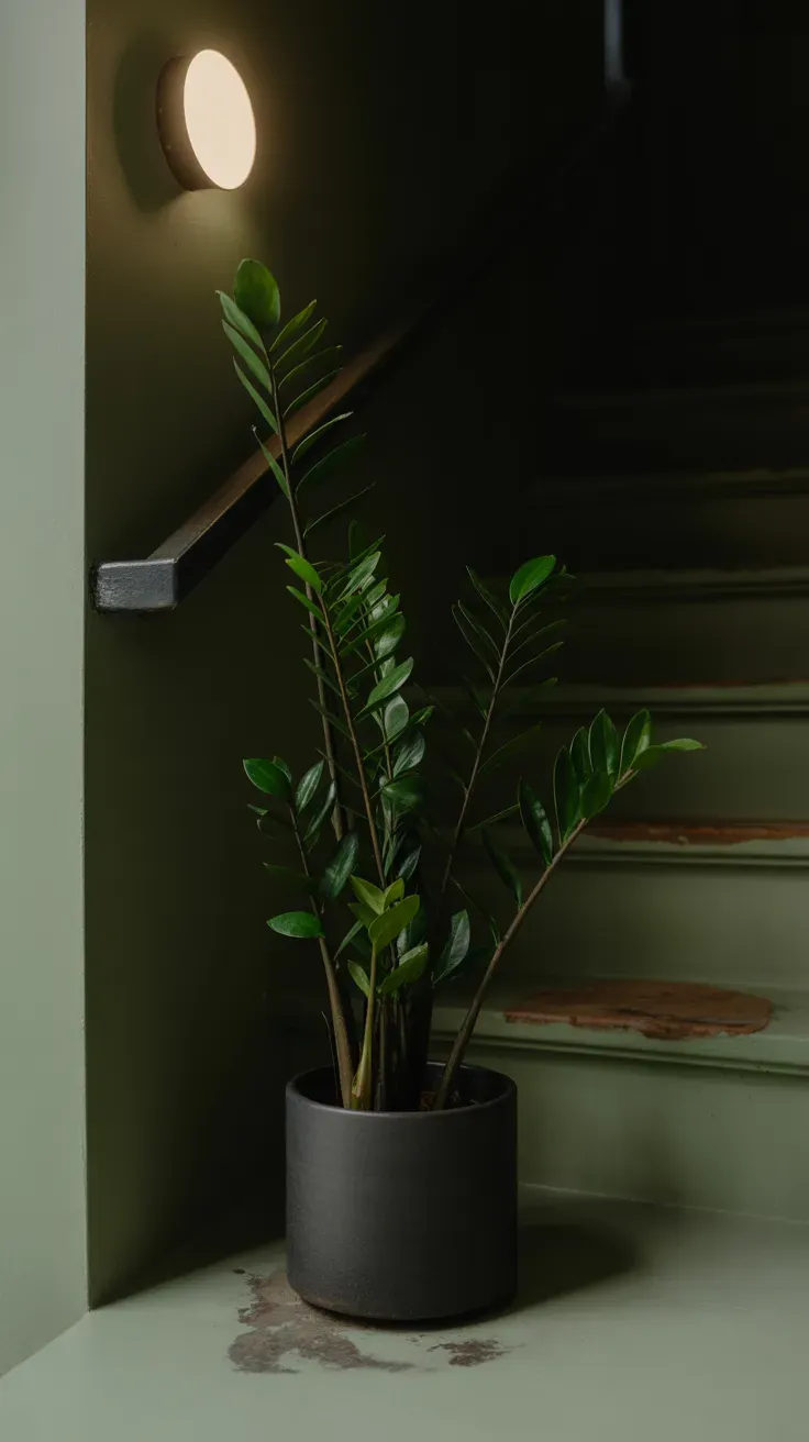 ZZ plant with glossy dark leaves standing in shadowy corner of dim staircase