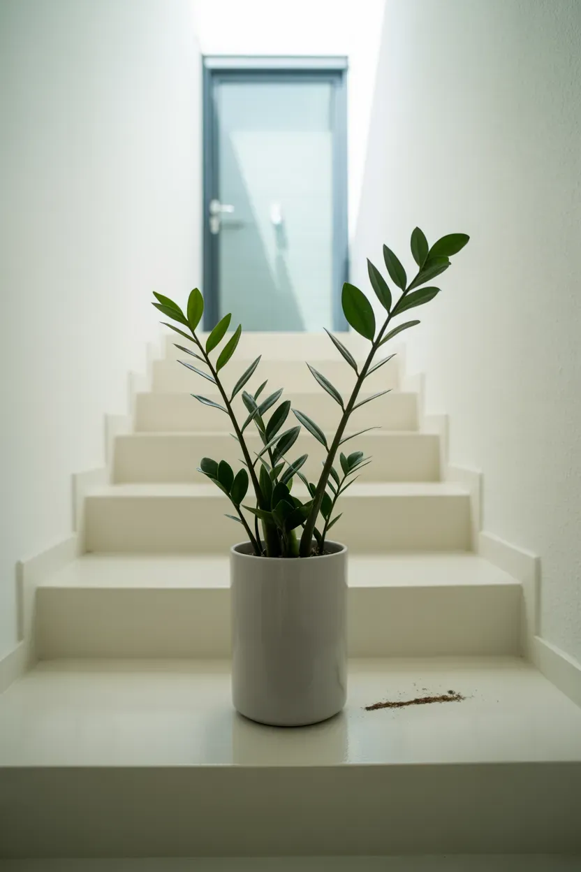 ZZ plant with glossy leaves on a slim white floating shelf beside a staircase