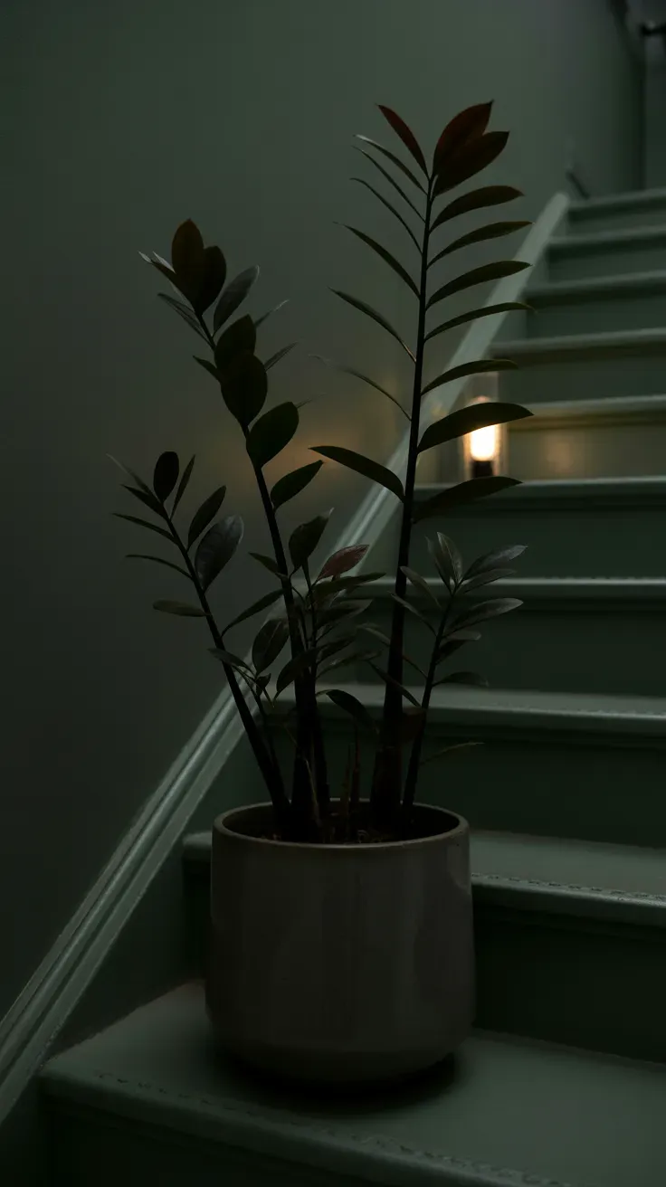 ZZ Raven plant with nearly black leaves accenting moody dim staircase corner