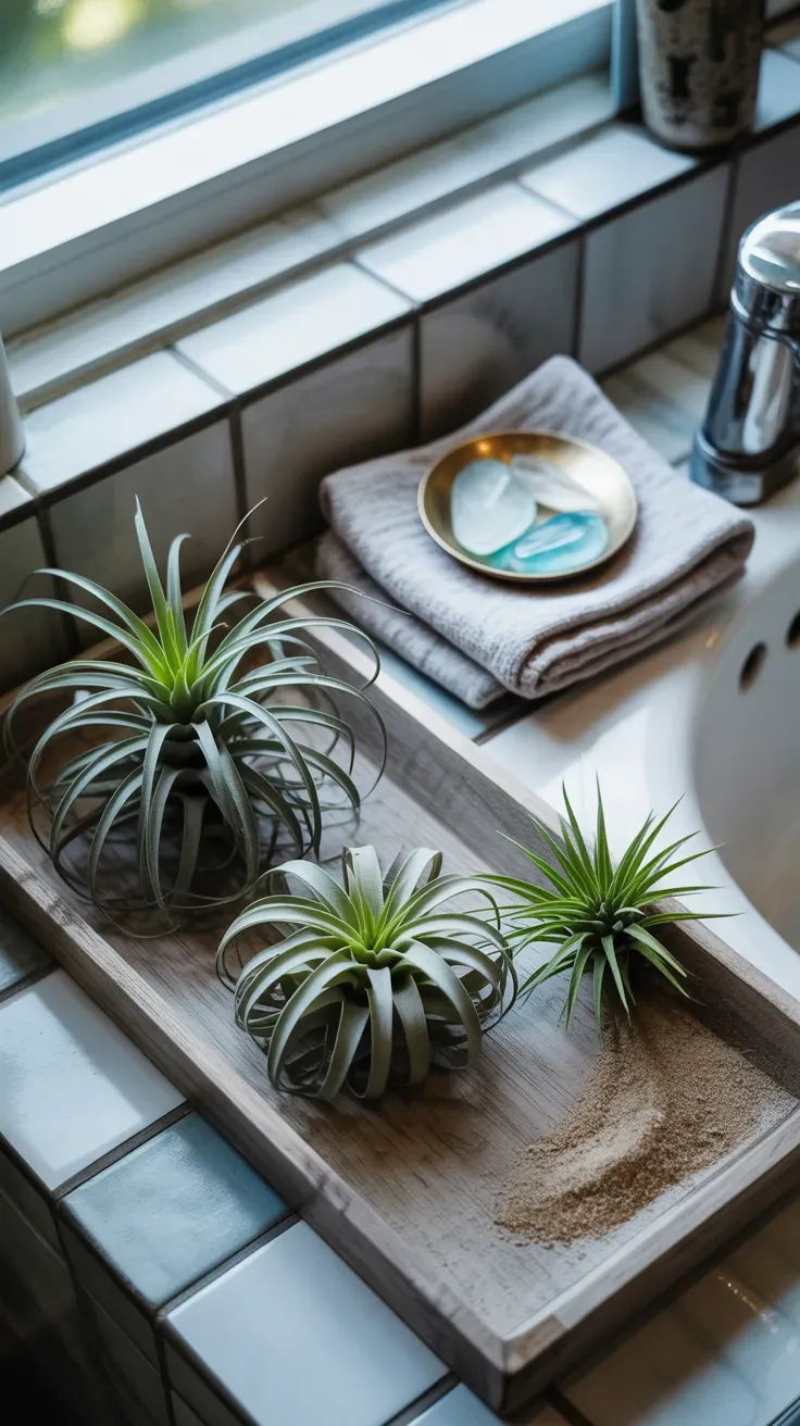 Small air plants arranged on a reclaimed wood tray on a bathroom counter