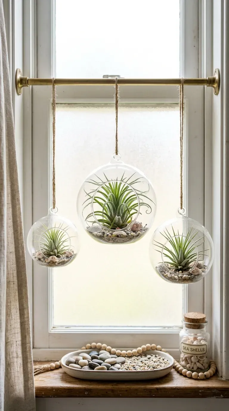 Tillandsia air plants displayed in hanging glass globes near a bathroom window