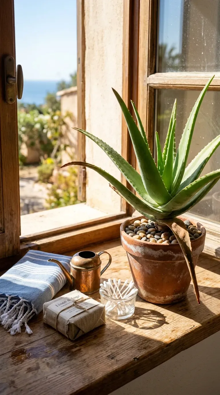 Aloe vera in a terracotta pot on a bright bathroom windowsill