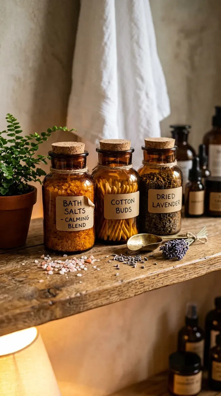 Amber glass jars of bath salts and cotton buds on an open shelf with small fern