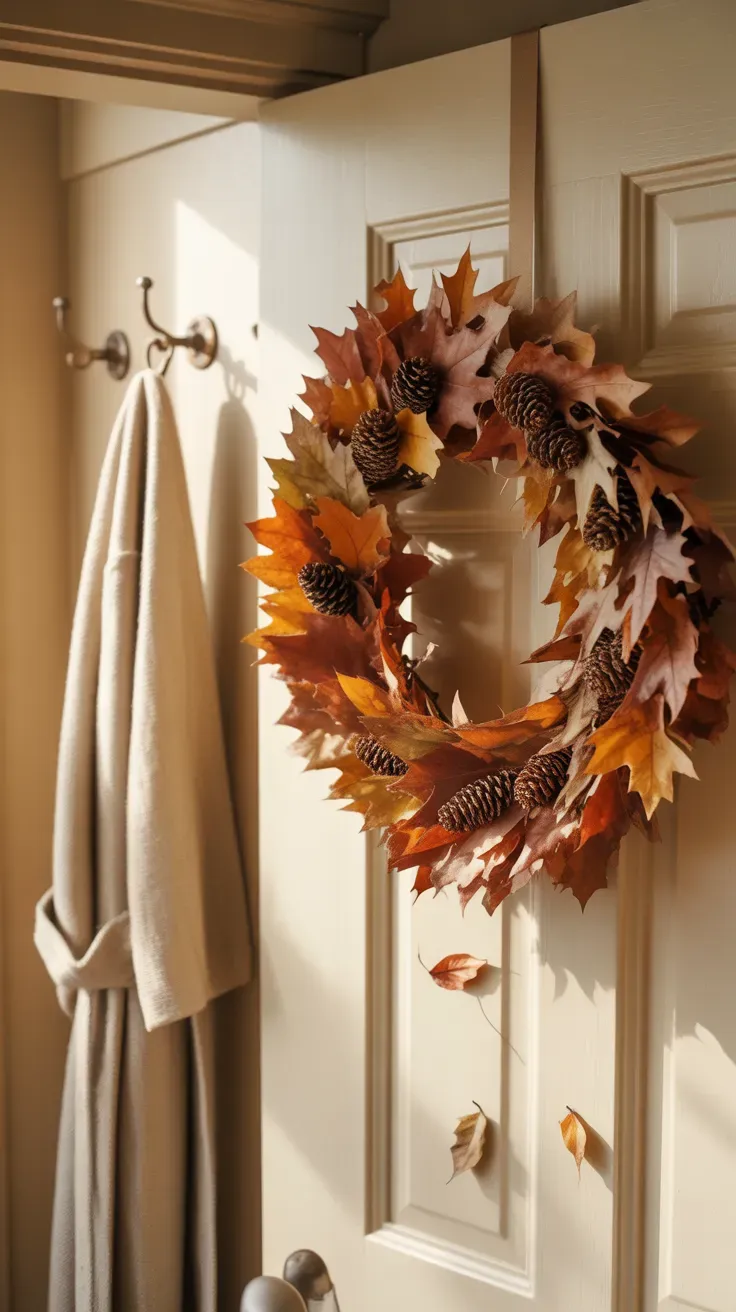 Wreath of dried autumn leaves and small pinecones hanging on the inside of a bathroom door