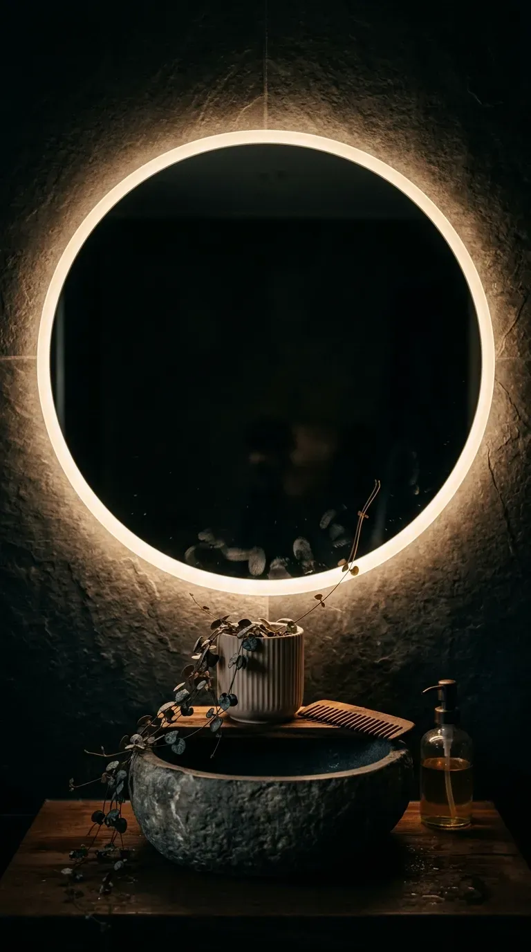 Round backlit mirror glowing warm white above a stone basin with small trailing plant